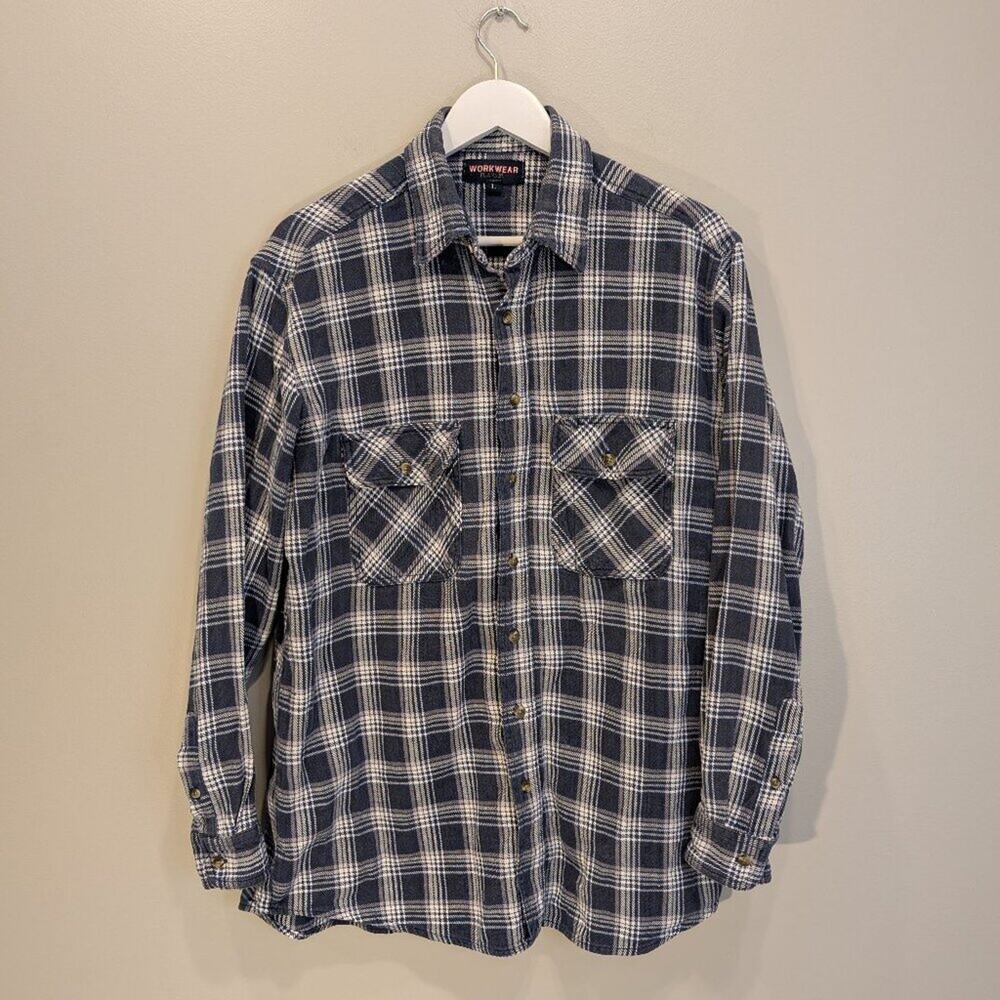 Workwear Flannel Shirt Blue White Plaid Heavy Duty Warm Fall Winter - Size L